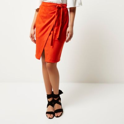 Red faux suede wrap skirt